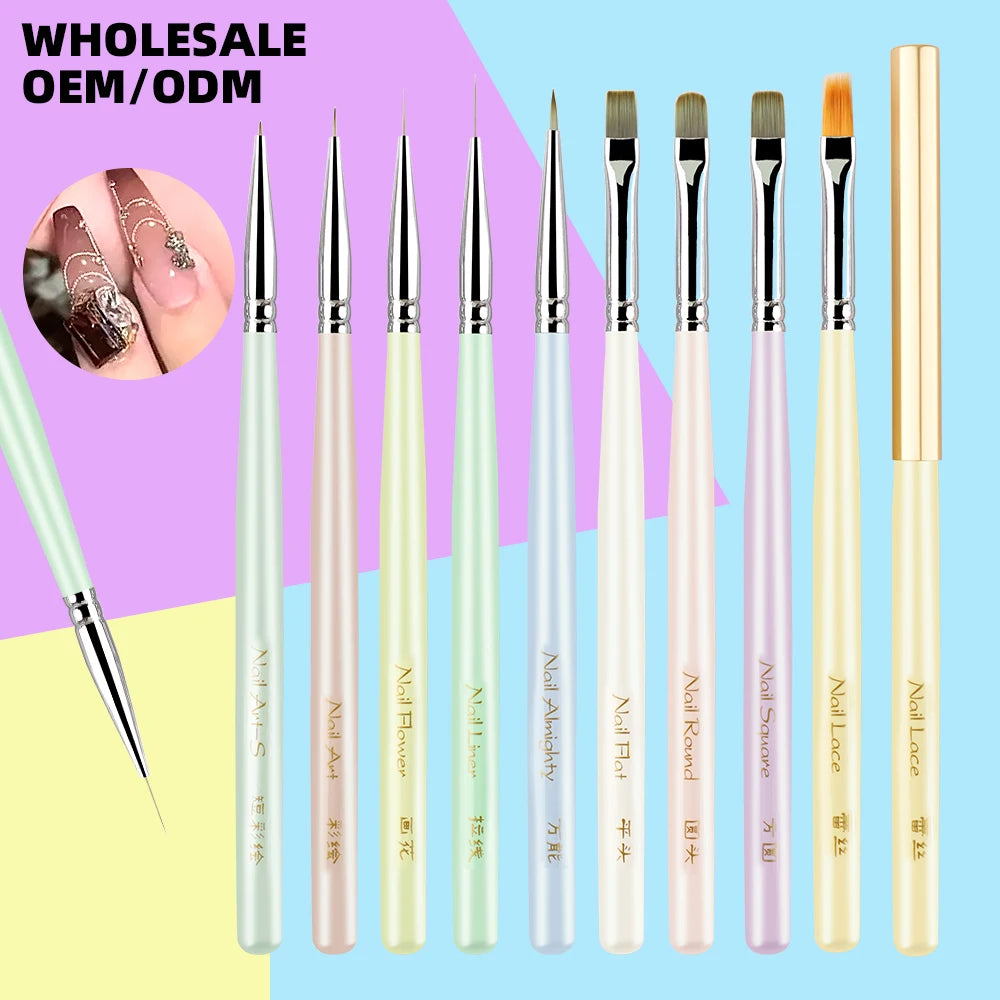 A set of professional nail art brushes in various shades of pink and nude for detailed painting
