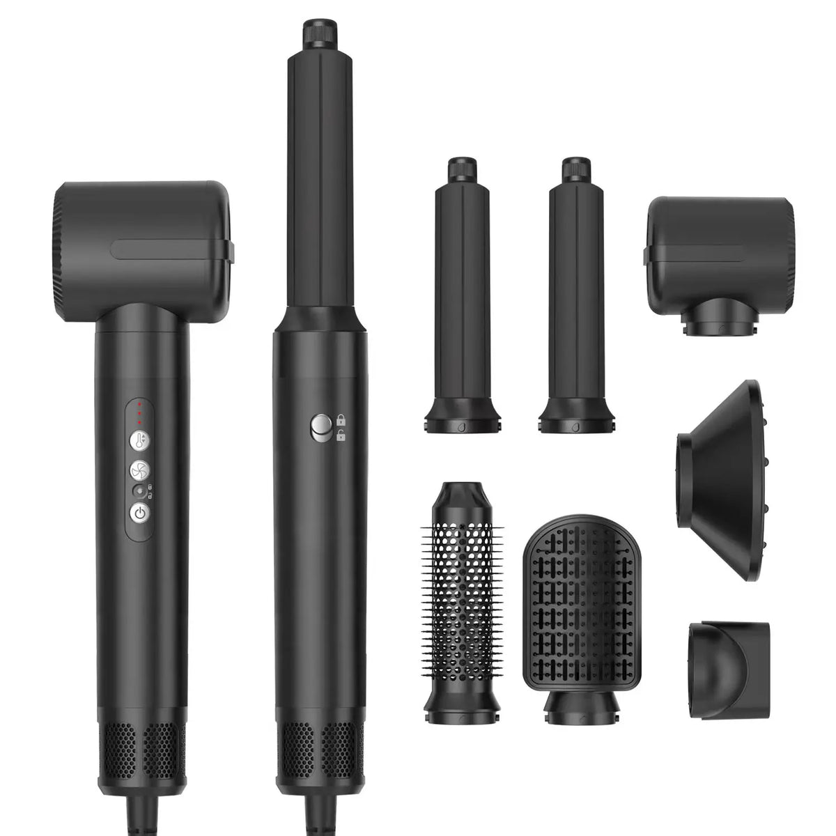 A black 7-in-1 multifunctional hair styling dryer brush with various attachments shown.