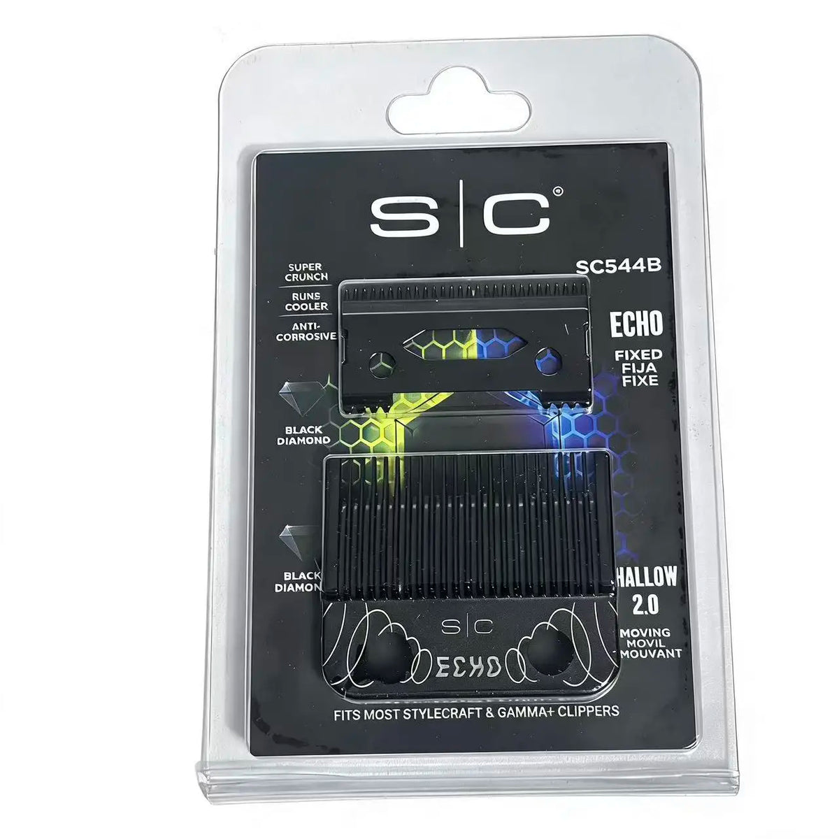 A package containing an SC544B fixed and moving hair clipper blade set for professional hair cutting.