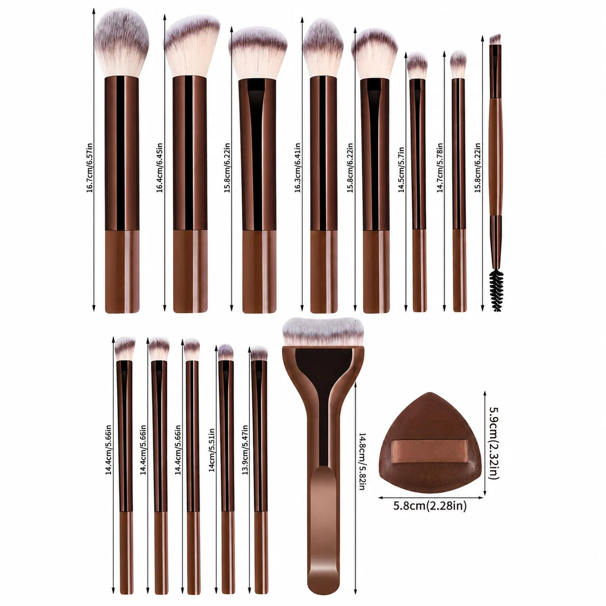 A collection of 17 professional makeup brushes and a round foundation applicator in a brown set.