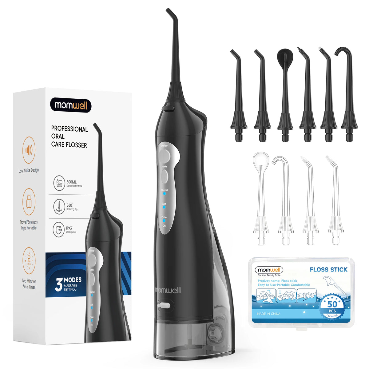 A black portable oral care flosser device with multiple tips and accessories displayed next to its packaging.