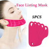 Pink silicone face listing mask set with five pieces shown next to a woman's face