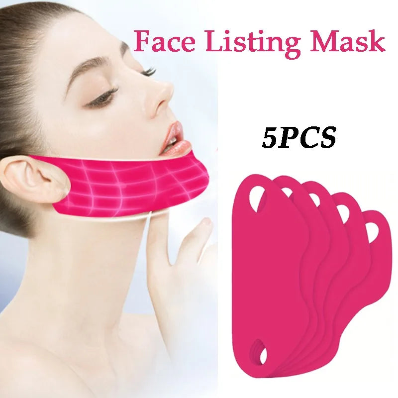 Pink silicone face listing mask set with five pieces shown next to a woman's face