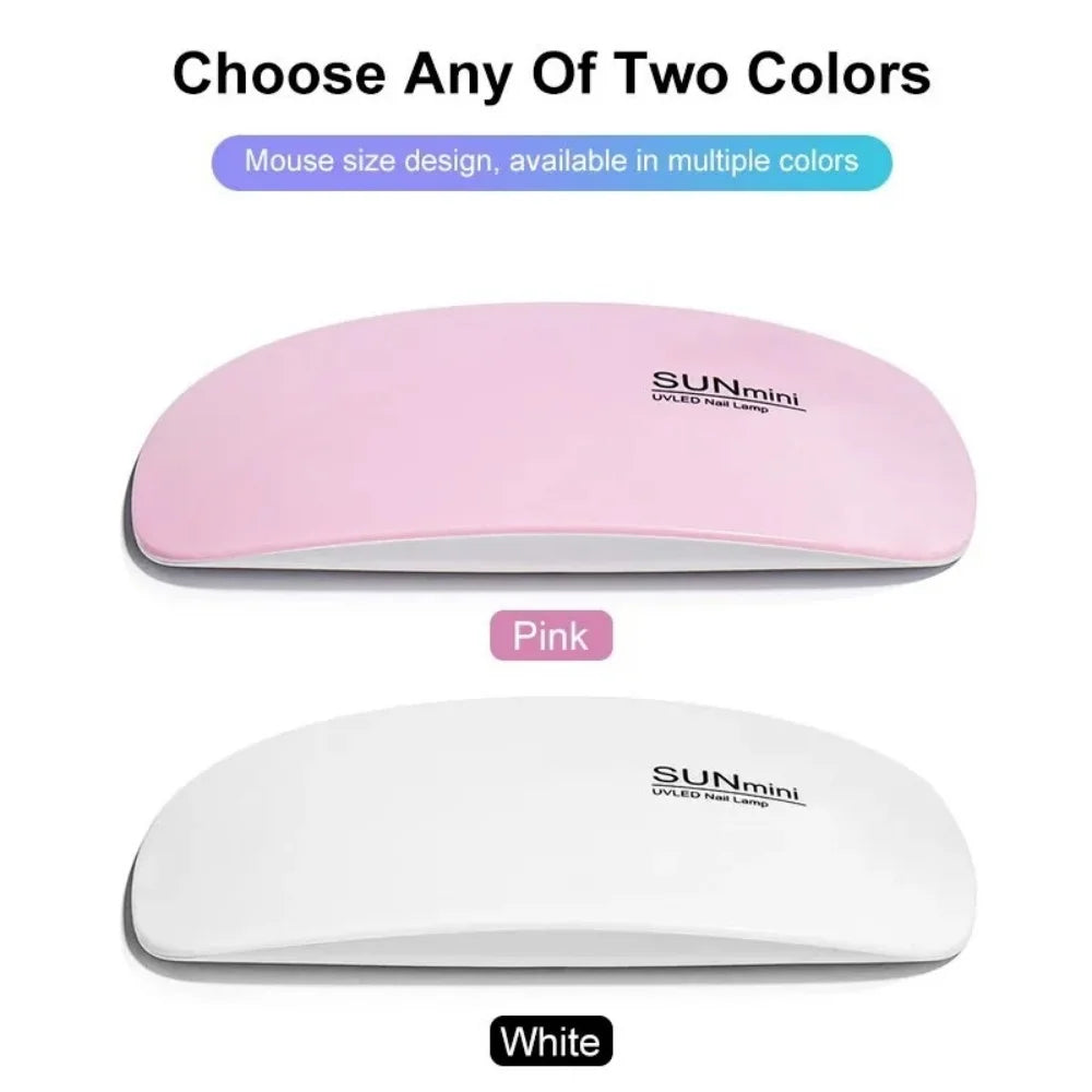 Two versions of a SUNmini UV LED nail dryer lamp are shown in pink and white colors.