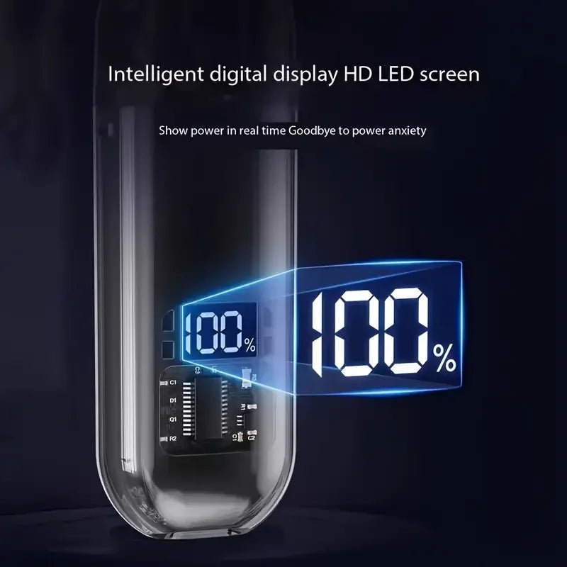 A close-up of an intelligent digital display HD LED screen showing 100% battery level on a sleek, cylindrical device.