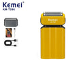 Yellow Kemei KM-T396 electric foil shaver with charging cord and foil head visible.