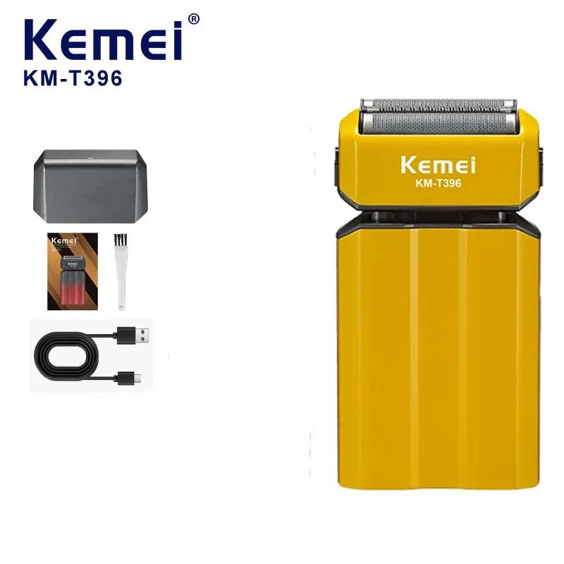 Yellow Kemei KM-T396 electric foil shaver with charging cord and foil head visible.