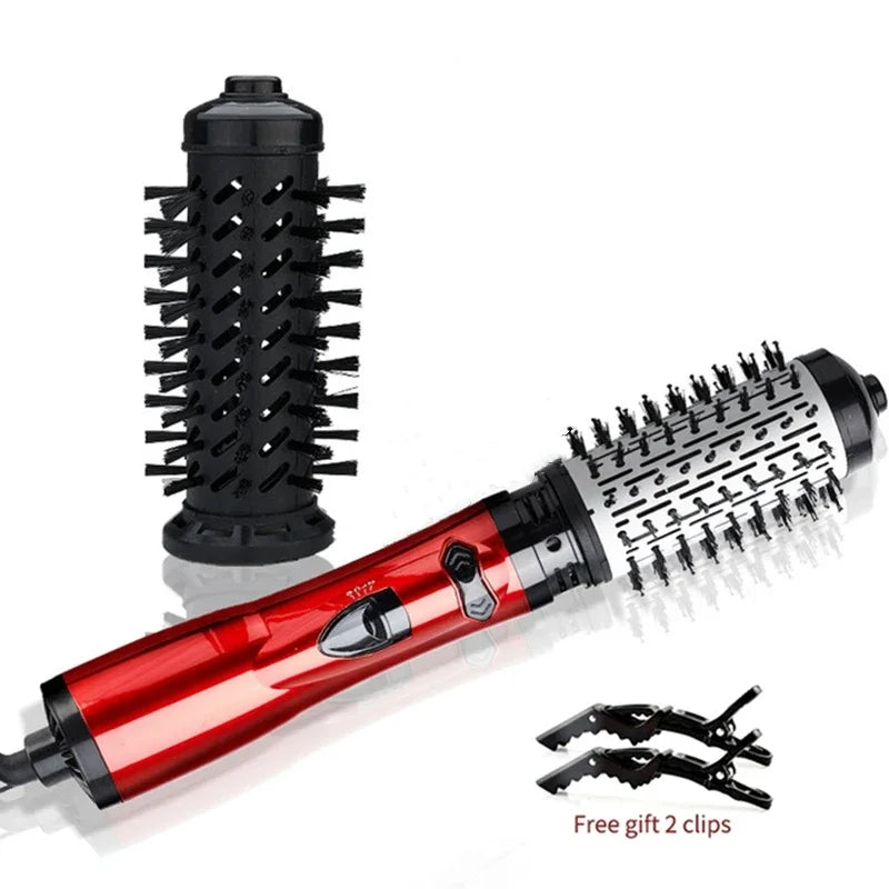 A red hot air brush with black bristles and clips shown next to a black brush head.