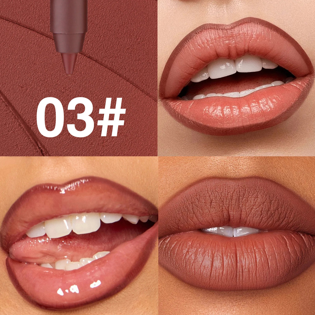 Close-up of a lip liner pencil in shade 03, showing application and finished lip color.