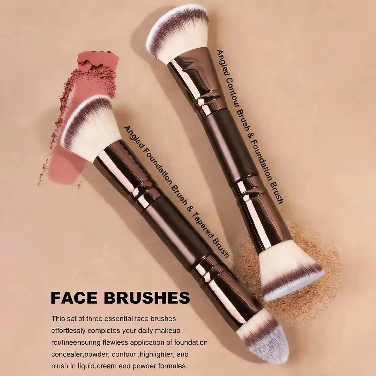 A set of three angled foundation brushes shown on a light background.