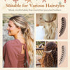 A close-up of a woman with long blonde hair styled in a ponytail, demonstrating the use of banana hair clips for holding vari