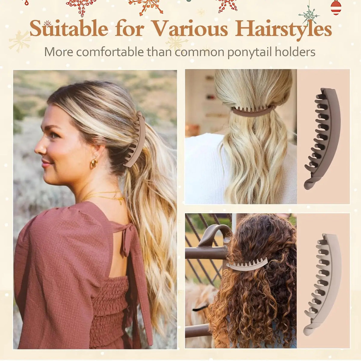 A close-up of a woman with long blonde hair styled in a ponytail, demonstrating the use of banana hair clips for holding vari