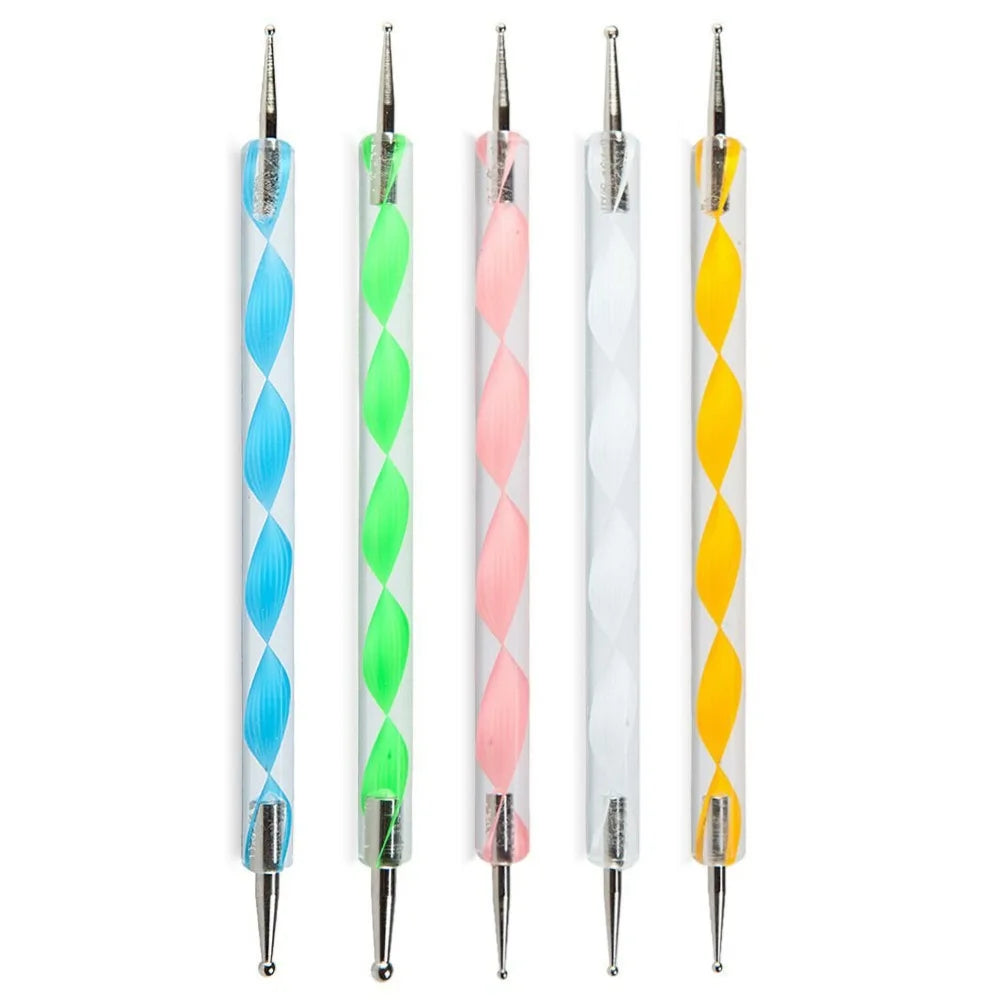 A set of six professional nail art tools in various colors including blue, green, pink, and yellow.