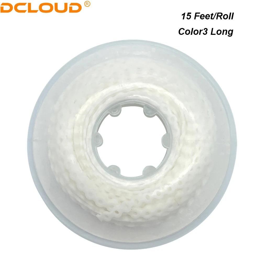 A roll of 15 feet of Color3 Long dental orthodontic elastic chains.