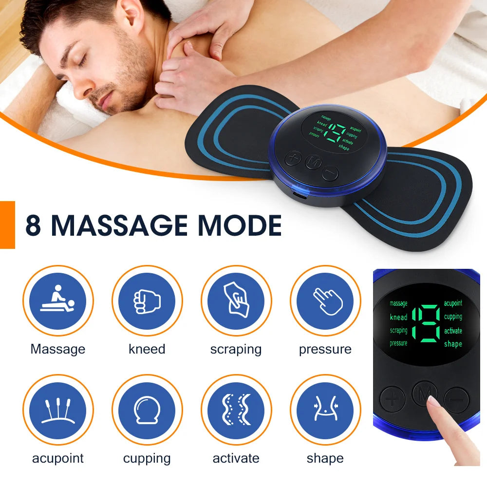 A hand is applying an electric muscle stimulator device to a person's shoulder during a massage session.