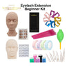 Beginner kit for eyelash extension practice including a silicone mannequin head, lash tweezers, and various tools.
