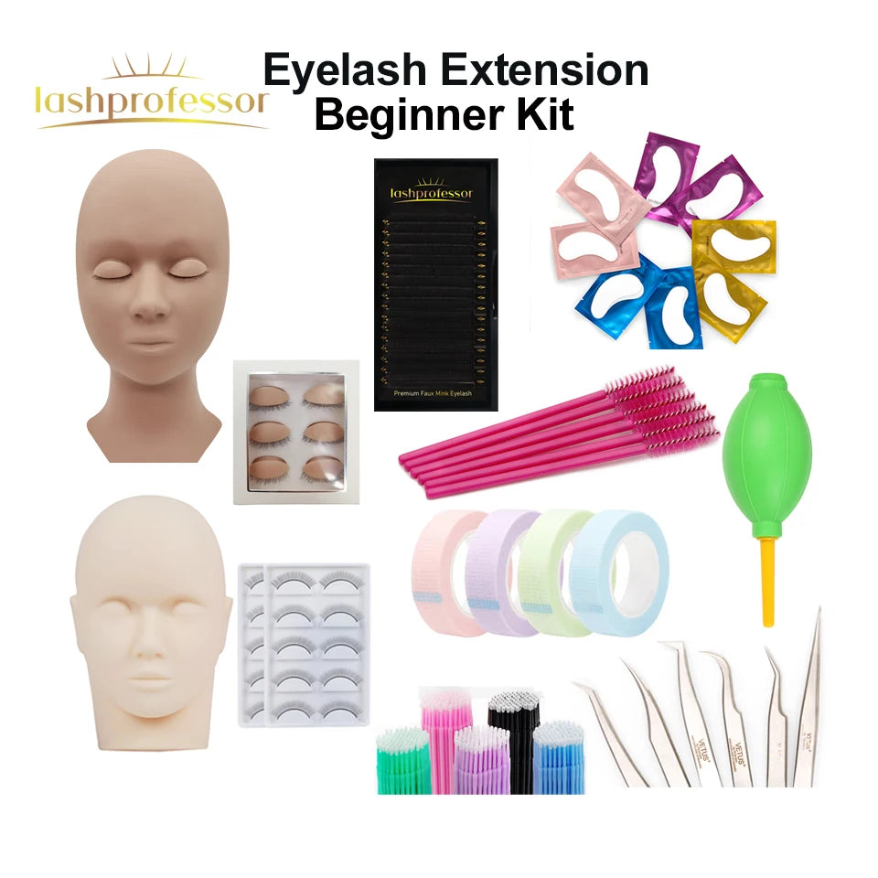 Beginner kit for eyelash extension practice including a silicone mannequin head, lash tweezers, and various tools.