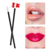 A set of disposable lip wands with red bristles shown next to close-ups of glossy pink and bright red lipstick application on