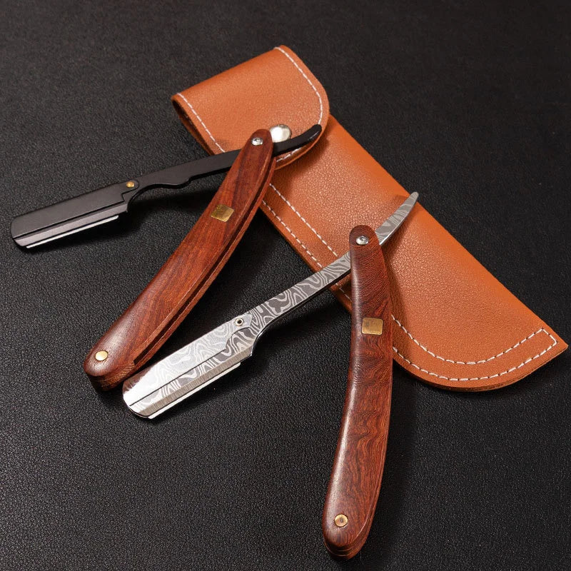 A leather sheath holds a wooden handle shaving razor and a metal straight razor.
