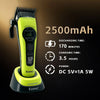 A yellow and black Kemel professional electric hair clipper with specifications for battery life and power.