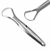 A stainless steel tongue scraper shown in a close-up view.