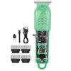A green professional cordless hair clipper trimmer with a detachable cord and various cutting attachments.