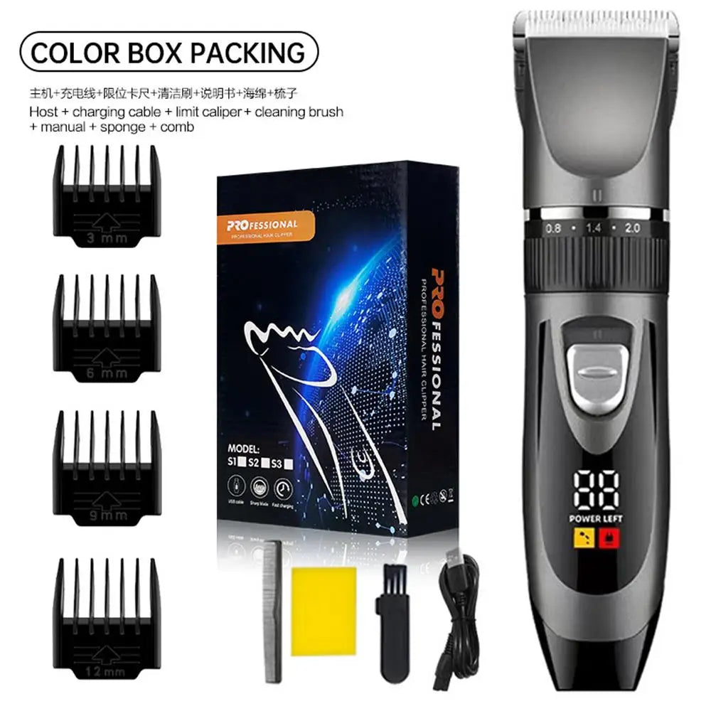 A set of professional electric hair clippers and accessories shown in a box and individual components.