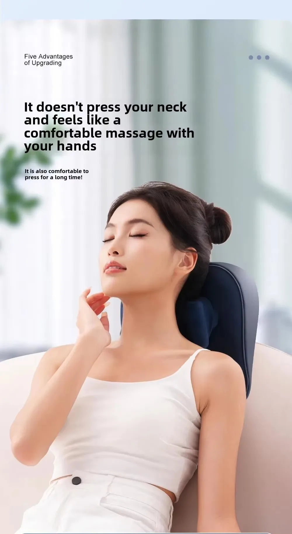 A woman is relaxing with an electric massage pillow for neck relief, showing a comfortable massage experience.