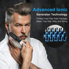 A man is using a professional electric straightening comb on his hair and beard, demonstrating advanced ionic technology.