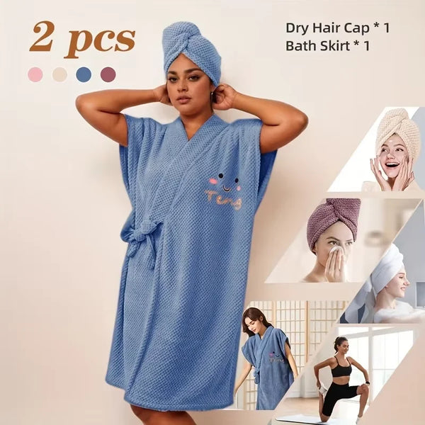A woman models a blue microfiber bathrobe set, including a robe and a bath skirt, against a light background.