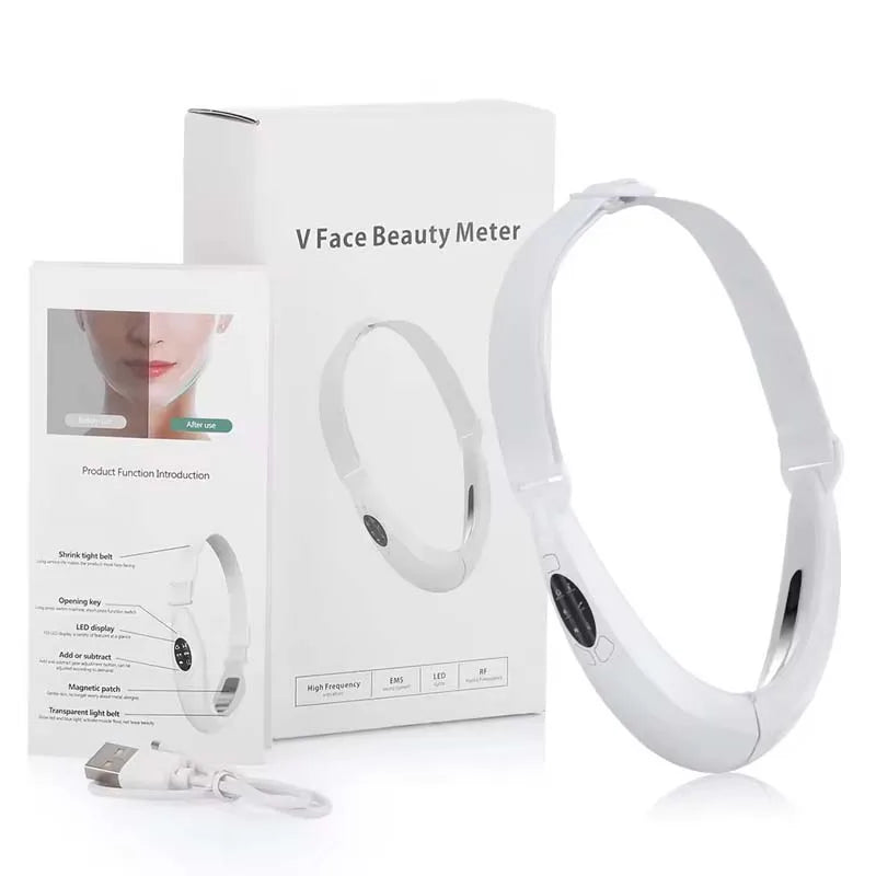 White V Face Beauty Meter device with packaging and a detachable LED facial lifting massager tool.