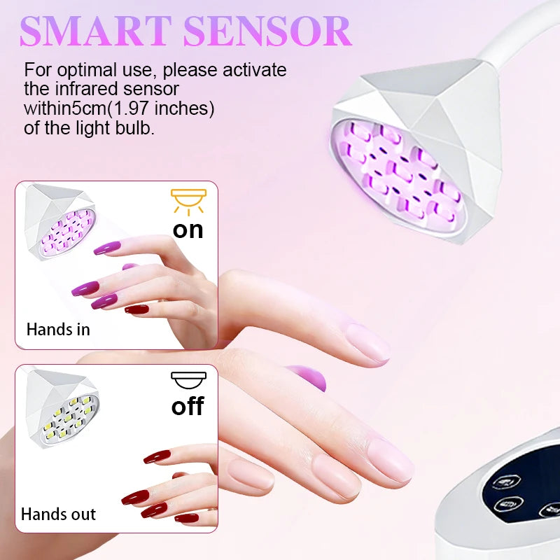 A hand is shown activating a smart sensor on an infrared light bulb for use with a UV LED nail lamp.