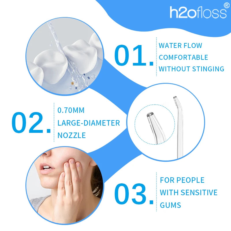 Diagram showing features of a portable water flosser including a large-diameter nozzle and comfort for sensitive gums.