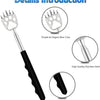 Details introduction showing a stainless steel bear claw back scratcher with a rubber grip and a travel pouch.