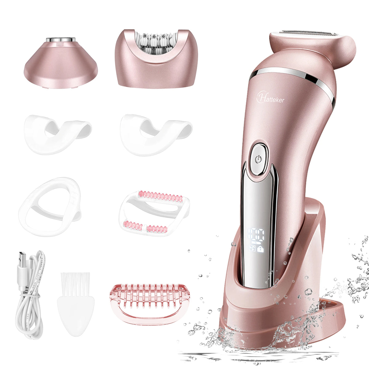 A pink multi-functional electric hair and body groomer with various attachments shown.