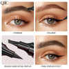 Close-up display of a multi-color waterproof eyebrow pen showing the product detail and final application on an eye.