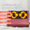 A multifunctional massage pillow with a red and black design showing features like gear adjustment and heating elements.