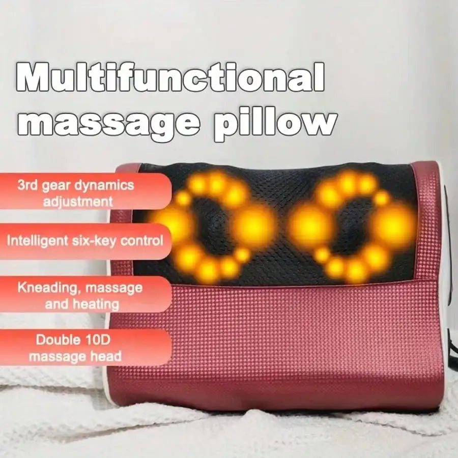 A multifunctional massage pillow with a red and black design showing features like gear adjustment and heating elements.
