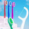 A collection of five colorful bead toothbrushes and a white dental flosser displayed on a light background.