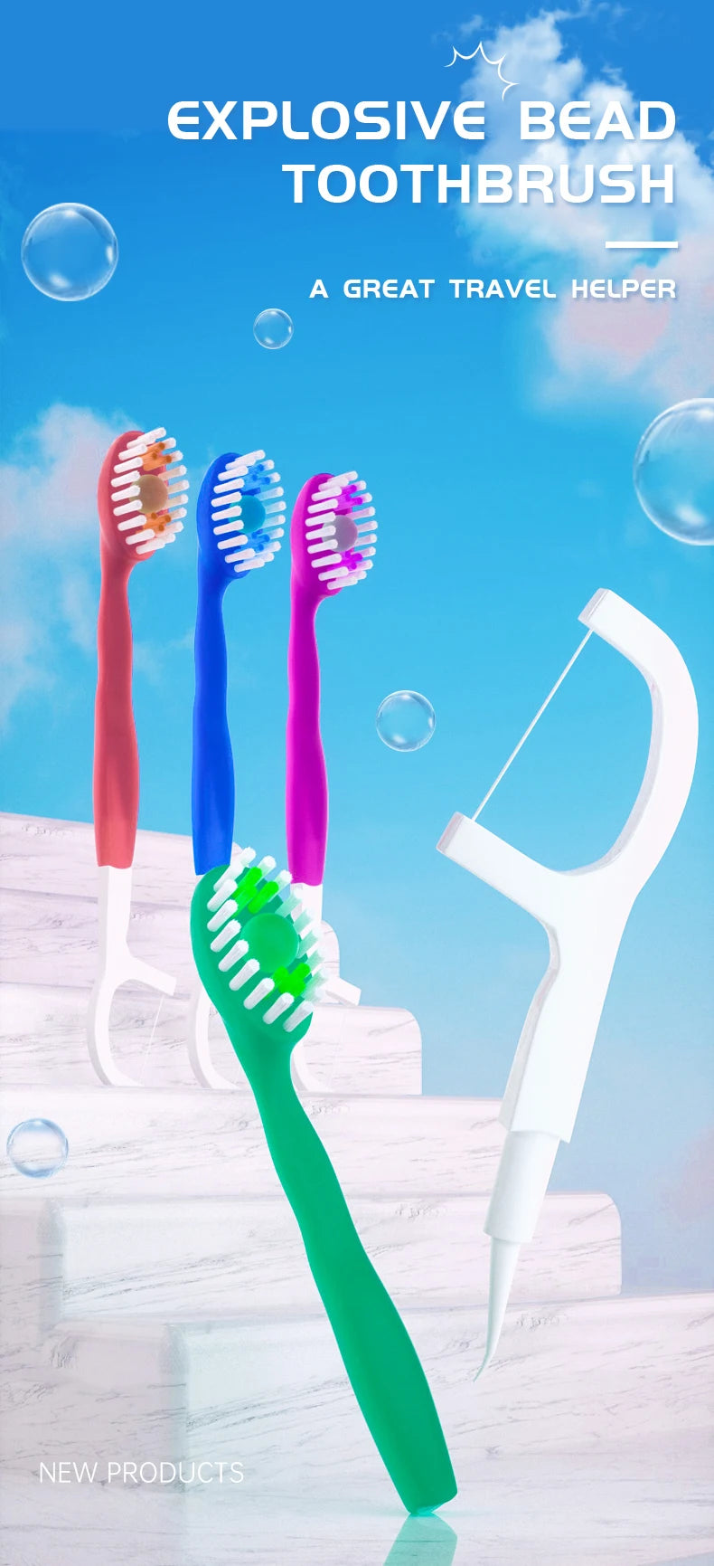 A collection of five colorful bead toothbrushes and a white dental flosser displayed on a light background.