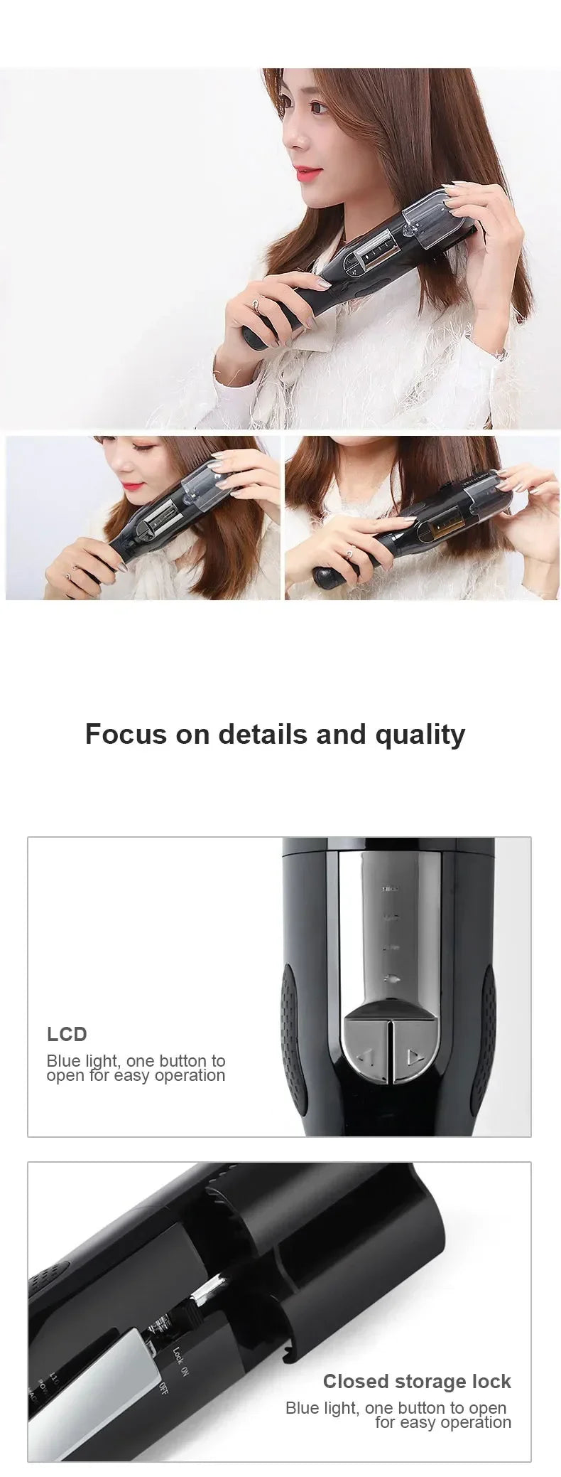 Close-up view of a professional cordless hair trimmer with an LCD screen and storage lock feature.