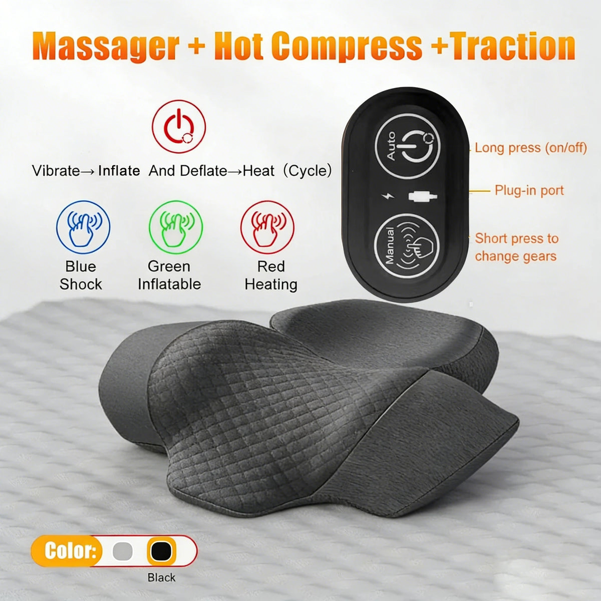 Black electric massager pad with buttons and a silicone head shown on a white background.