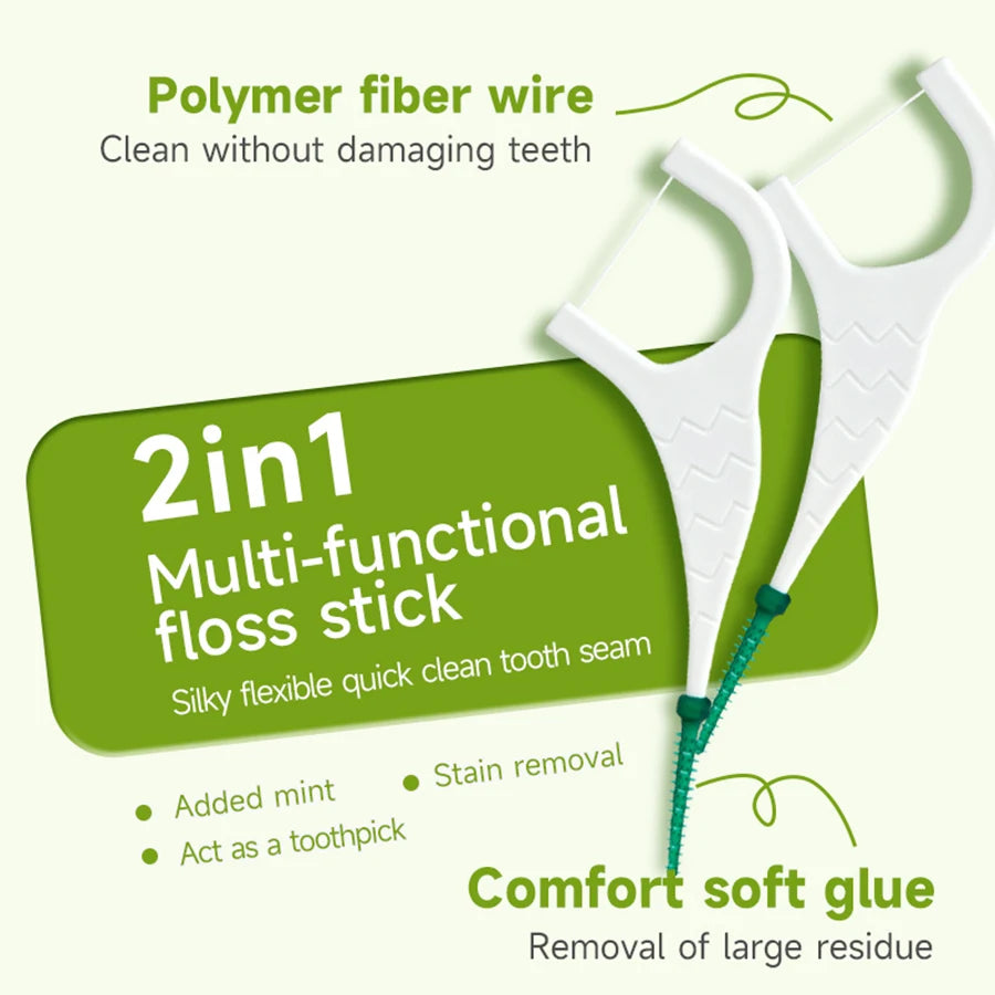 A white polymer fiber wire floss stick with a silicone interdental brush for cleaning teeth.