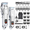 A set of professional cordless hair clipper and trimmer tools in silver and black.