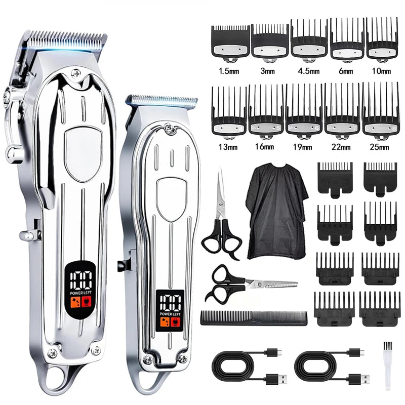 A set of professional cordless hair clipper and trimmer tools in silver and black.