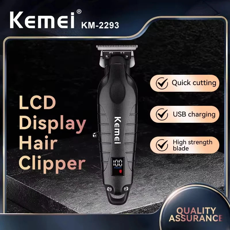 A black Kemei KM-2293 LCD display hair clipper with a high-strength blade shown against a dark background.