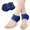 Navy blue silicone heel protectors shown on a foot and separate pads.