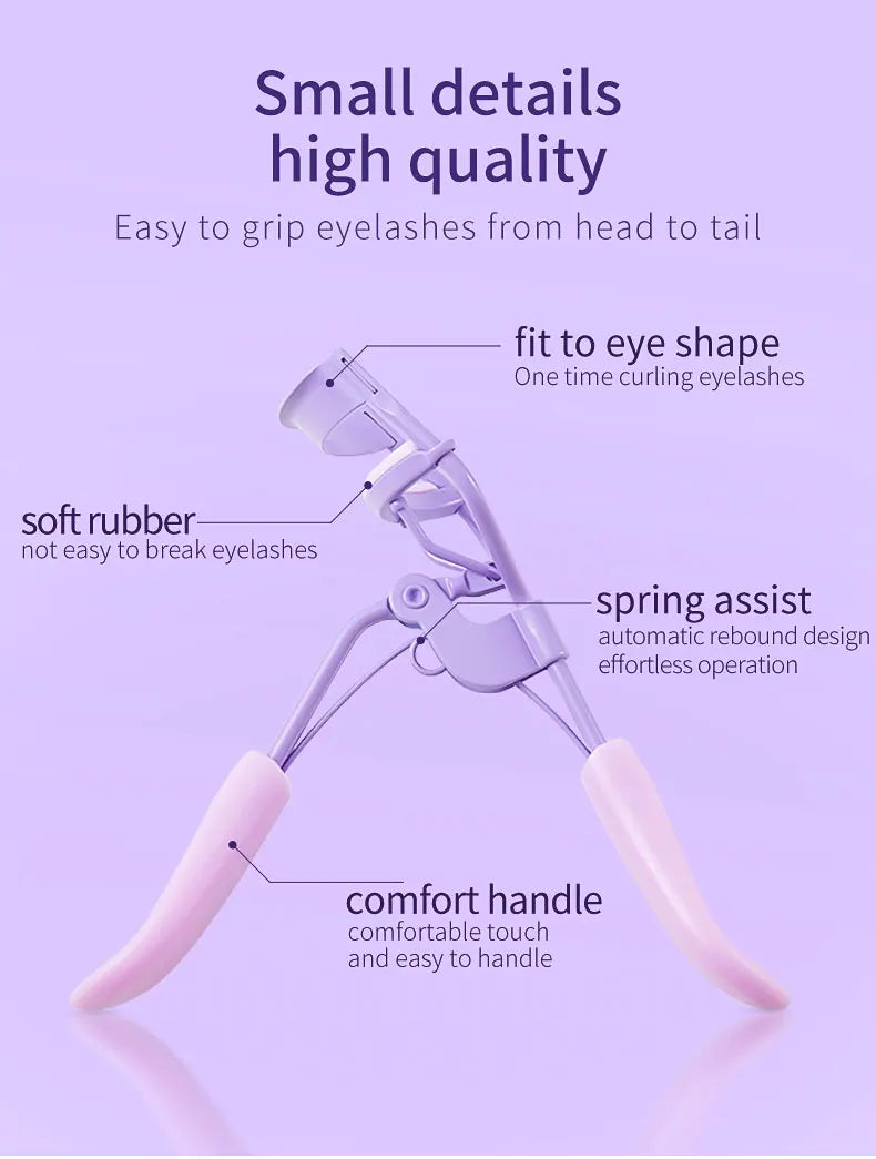 A purple precision eyelash curler with a soft rubber grip and spring assist mechanism shown for curling eyelashes.