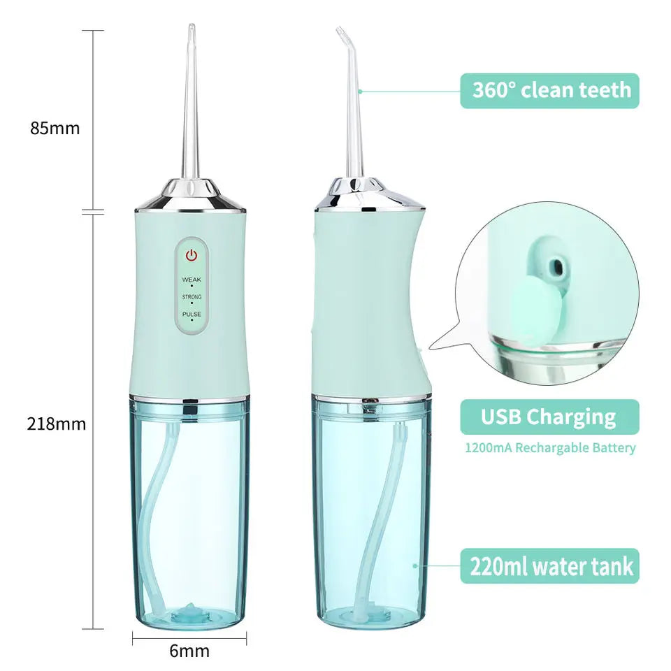 A portable USB rechargeable water flosser with a 220ml water tank and 360 degree clean teeth.