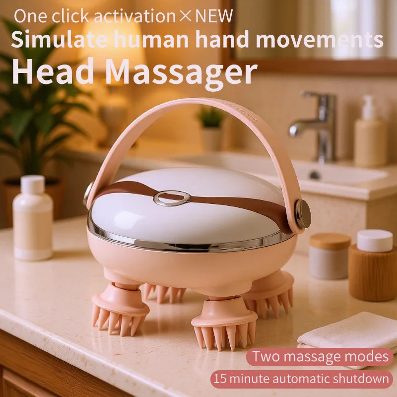 A pink electric handheld scalp massager with silicone massage heads is shown on a countertop.
